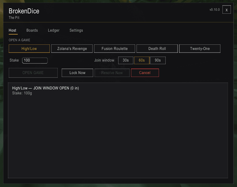 BrokenDice Host tab: five game-mode buttons, stake and join-window controls, and the live game log