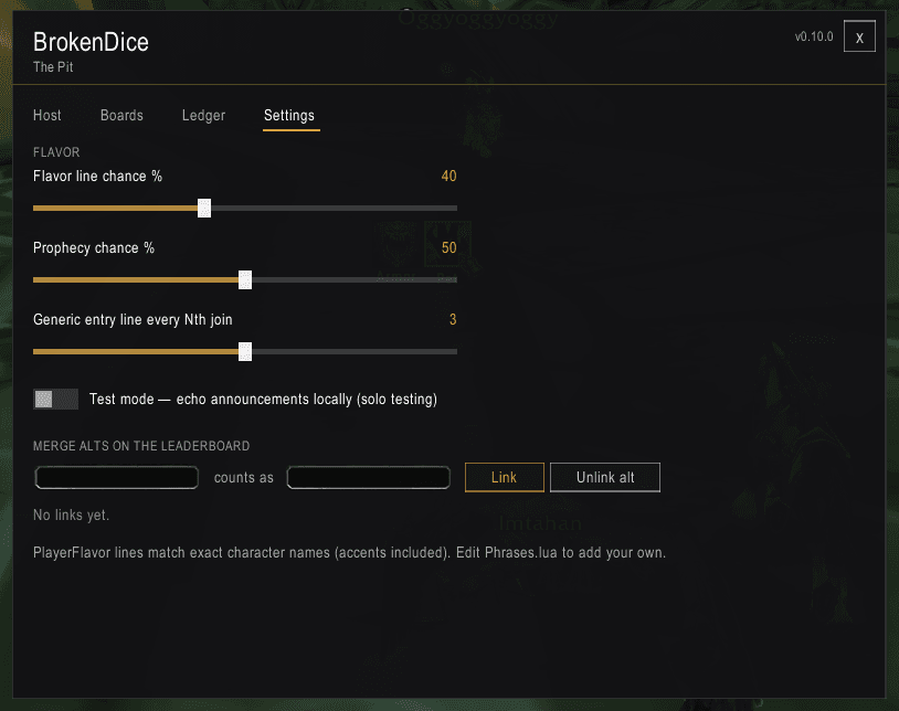 BrokenDice Settings tab: flavor line chance, prophecy chance, generic entry line cadence, test mode, and alt linking